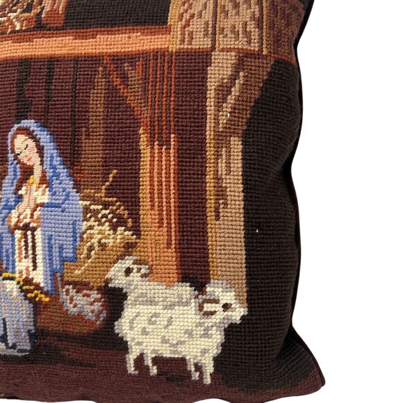 Vintage Needlepoint Christmas Throw Pillow Manager Scene Mary Joseph Jesus Lamb - Picture 5 of 8